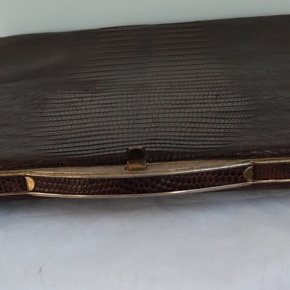 Vintage 1950's/60's Brown Lizard Structured Satchel Handbag - Picture 7 of 12